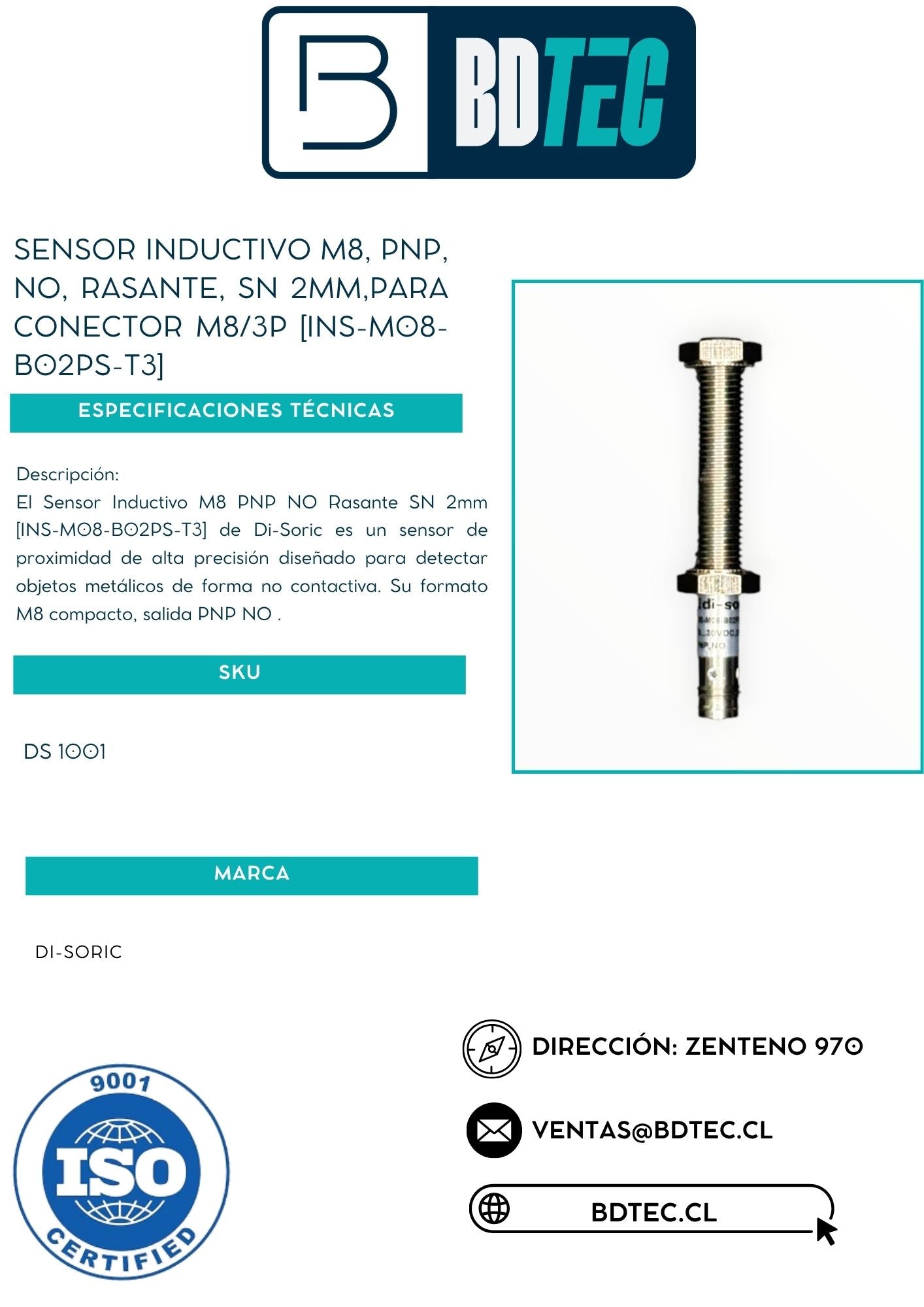 Sensor inductivo m8, pnp, no, rasante, sn 2mm,para conector m8/3p [INS-M08-B02PS-T3]