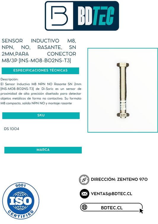 Sensor inductivo m8, npn, no, rasante, sn 2mm,para conector m8/3p [INS-M08-B02NS-T3]