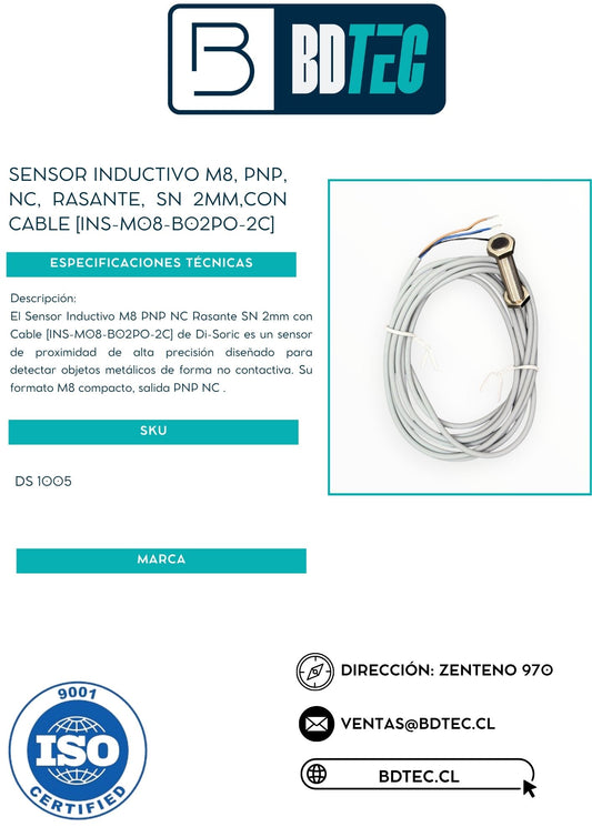 Sensor inductivo m8, pnp, nc, rasante, sn 2mm,con cable [INS-M08-B02PO-2C]