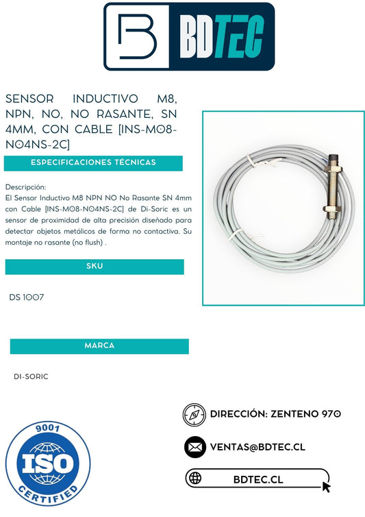 Sensor inductivo m8, npn, no, no rasante, sn 4mm, con cable [INS-M08-N04NS-2C]