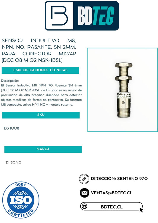 Sensor inductivo m8, npn, no, rasante, sn 2mm, para conector m12/4p [DCC 08 M 02 NSK-IBSL]