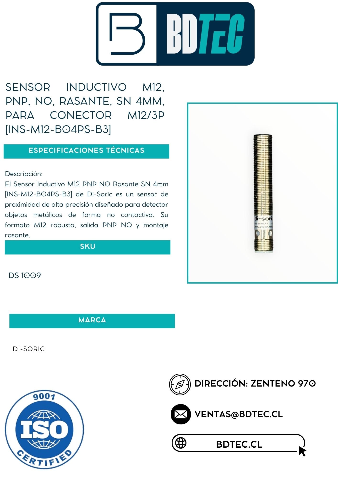 Sensor inductivo m12, pnp, no, rasante, sn 4mm, para conector m12/3p [INS-M12-B04PS-B3]