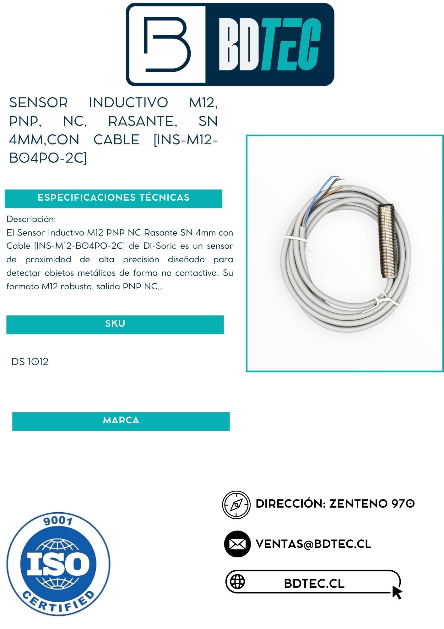 Sensor inductivo m12, pnp, nc, rasante, sn 4mm,con cable [INS-M12-B04PO-2C]