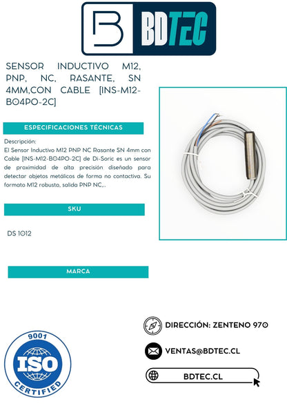 Sensor inductivo m12, pnp, nc, rasante, sn 4mm,con cable [INS-M12-B04PO-2C]