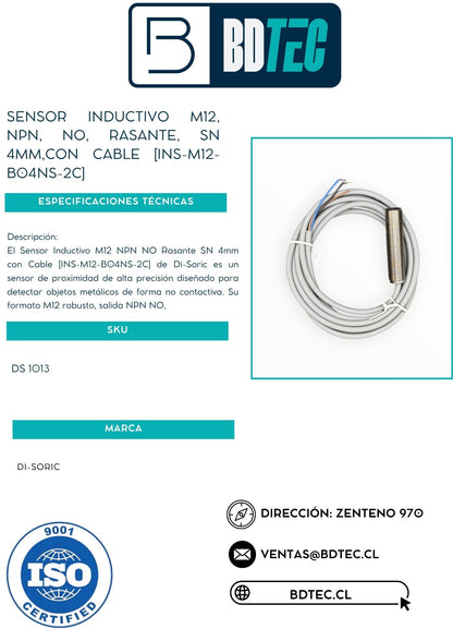 Sensor inductivo m12, npn, no, rasante, sn 4mm,con cable [INS-M12-B04NS-2C]