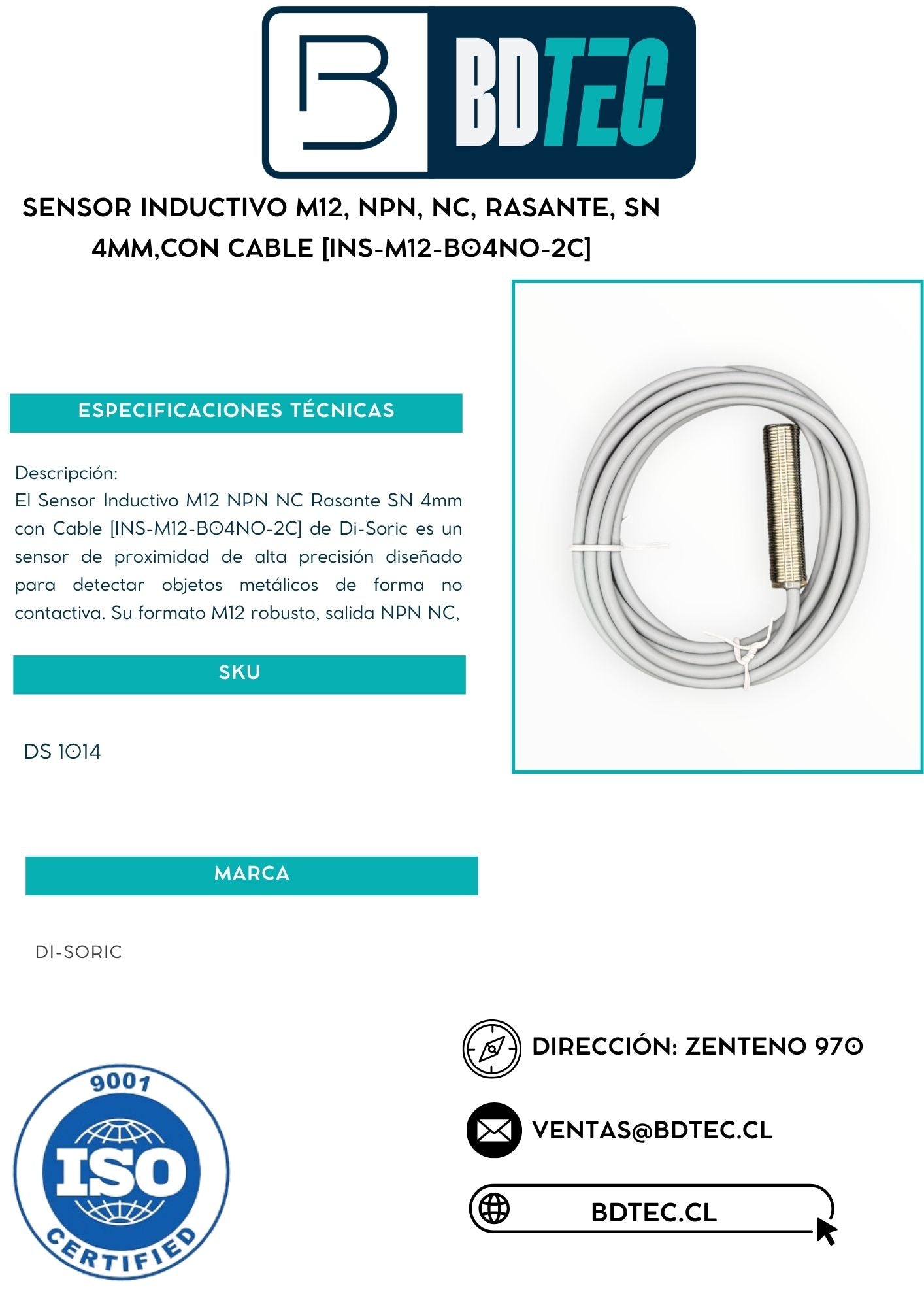 Sensor inductivo m12, npn, nc, rasante, sn 4mm,con cable [INS-M12-B04NO-2C]