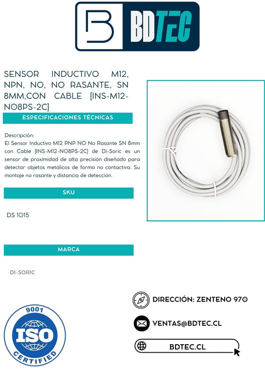 Sensor inductivo m12, npn, no, no rasante, sn 8mm,con cable [INS-M12-N08PS-2C]