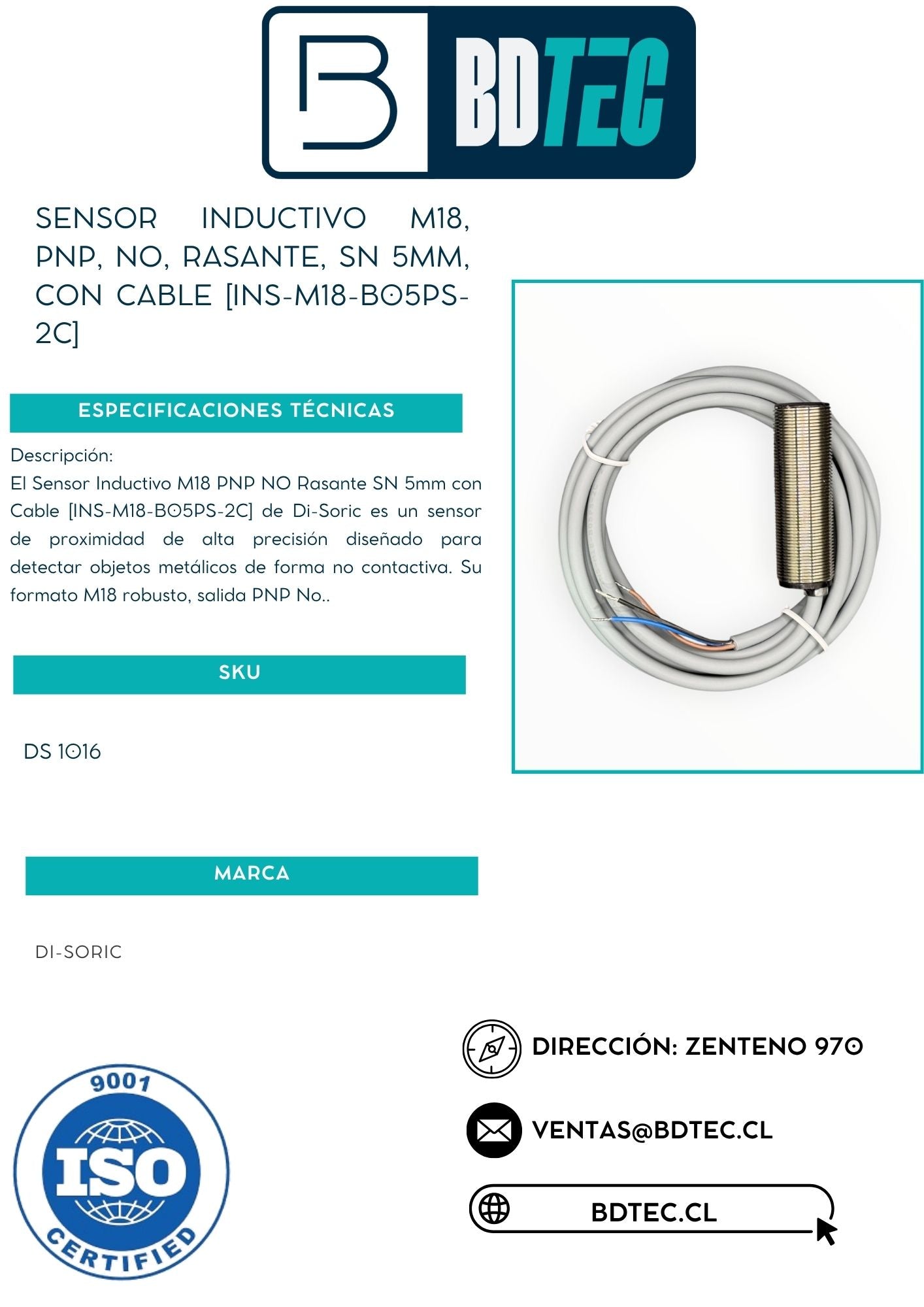 Sensor inductivo m18, pnp, no, rasante, sn 5mm, con cable [INS-M18-B05PS-2C]