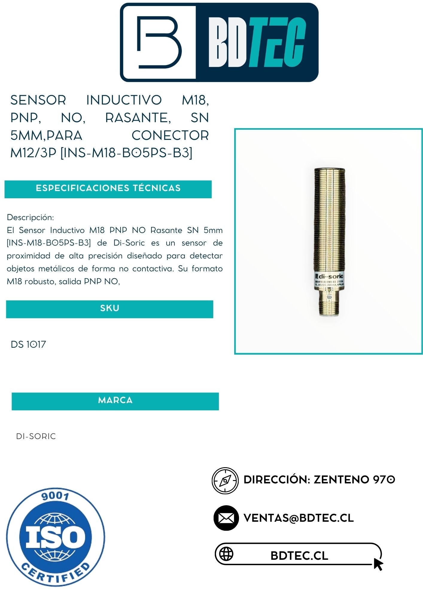 Sensor inductivo m18, pnp, no, rasante, sn 5mm,para conector m12/3p [INS-M18-B05PS-B3]