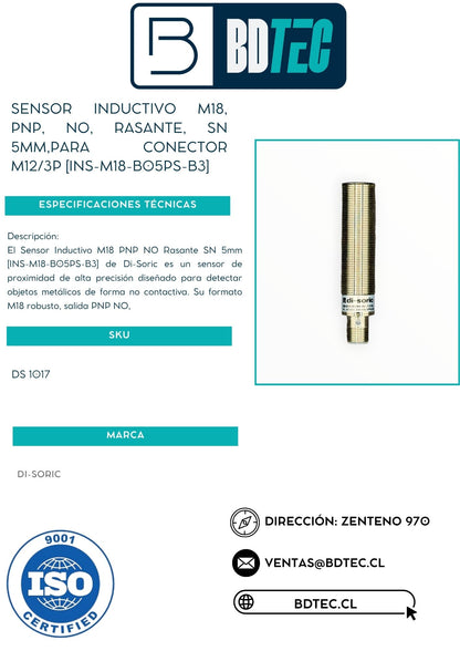 Sensor inductivo m18, pnp, no, rasante, sn 5mm,para conector m12/3p [INS-M18-B05PS-B3]