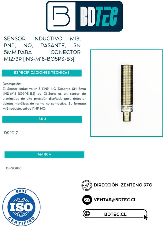 Sensor inductivo m18, pnp, no, rasante, sn 5mm,para conector m12/3p [INS-M18-B05PS-B3]