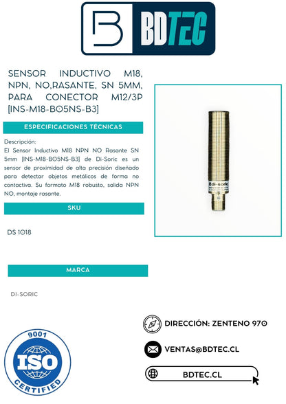 Sensor inductivo m18, npn, no,rasante, sn 5mm, para conector m12/3p [INS-M18-B05NS-B3]