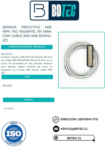 Sensor inductivo m18, npn, no, rasante, sn 5mm, con cable [INS-M18-B05NS-2C]