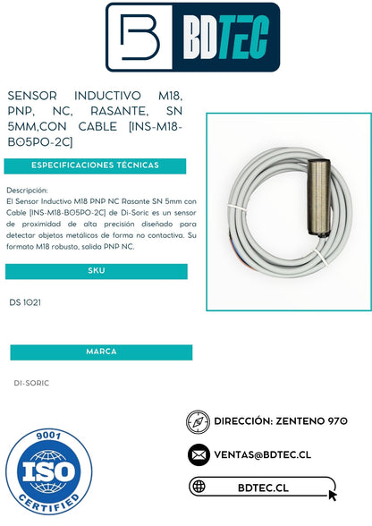 Sensor inductivo m18, pnp, nc, rasante, sn 5mm,con cable [INS-M18-B05PO-2C]