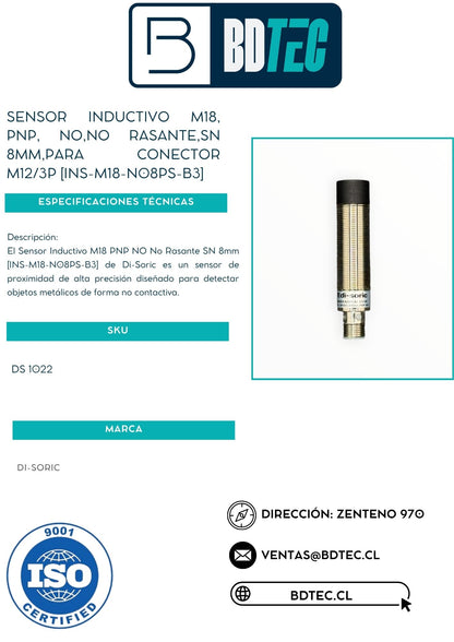 Sensor inductivo m18, pnp, no,no rasante,sn 8mm,para conector m12/3p [INS-M18-N08PS-B3]
