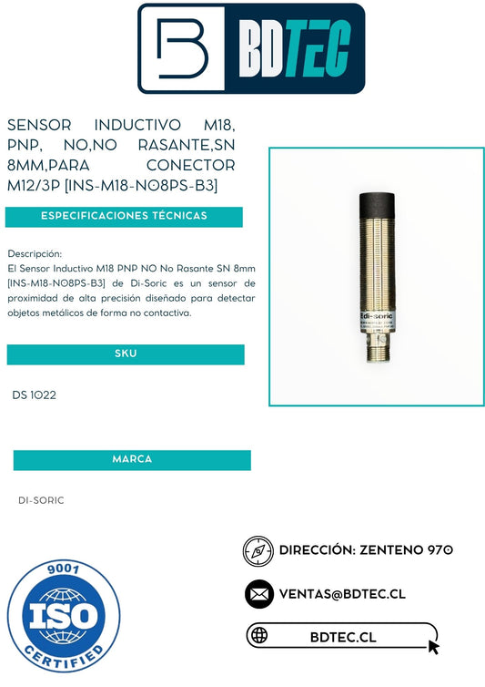Sensor inductivo m18, pnp, no,no rasante,sn 8mm,para conector m12/3p [INS-M18-N08PS-B3]