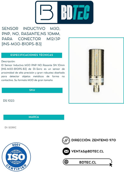 Sensor inductivo m30, pnp, no, rasante,ns 10mm, para conector m12/3p [INS-M30-B10PS-B3]