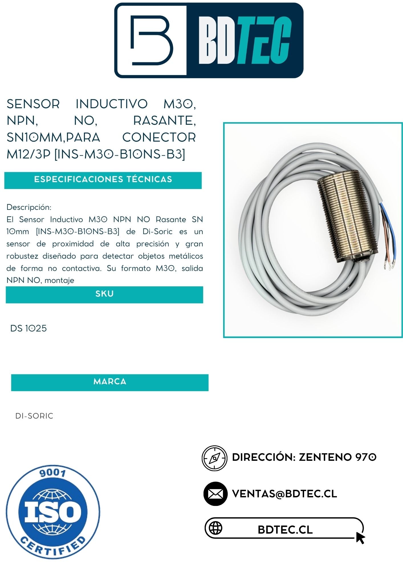 Sensor inductivo m30, npn, no, rasante, sn10mm,para conector m12/3p [INS-M30-B10NS-B3]