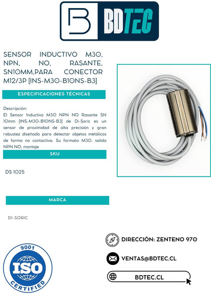 Sensor inductivo m30, npn, no, rasante, sn10mm,para conector m12/3p [INS-M30-B10NS-B3]