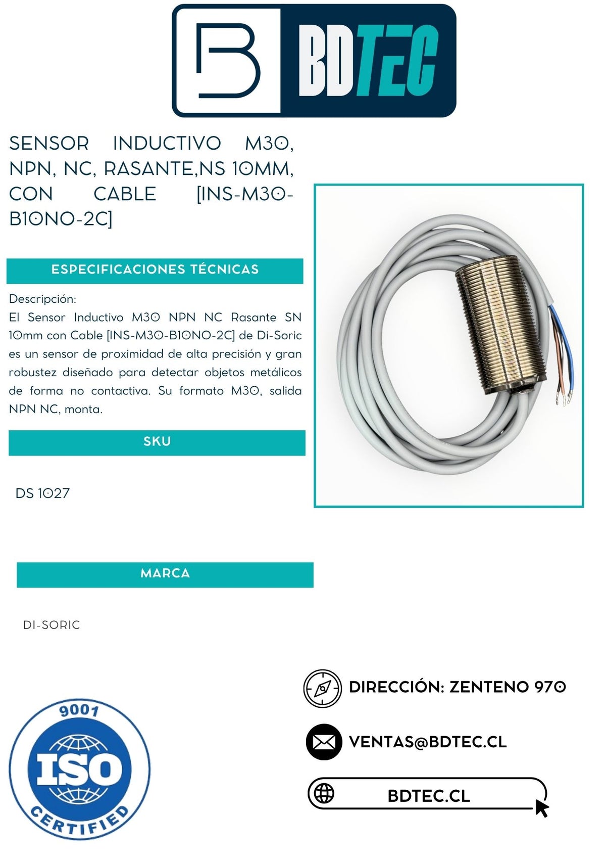 Sensor inductivo M30, NPN, NC, rasante, sn 10 mm, con cable DI-SORIC INS-M30-B10NO-2C - vista 2
