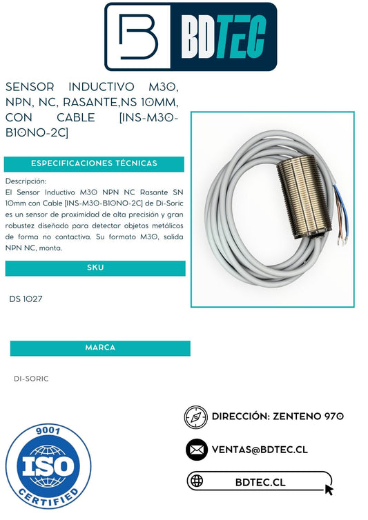 Sensor inductivo m30, npn, nc, rasante,ns 10mm, con cable [INS-M30-B10NO-2C]