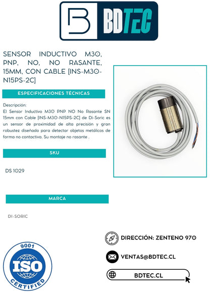 Sensor inductivo M30, PNP, NO, no rasante, sn 15 mm, con cable DI-SORIC INS-M30-N15PS-2C - vista 2
