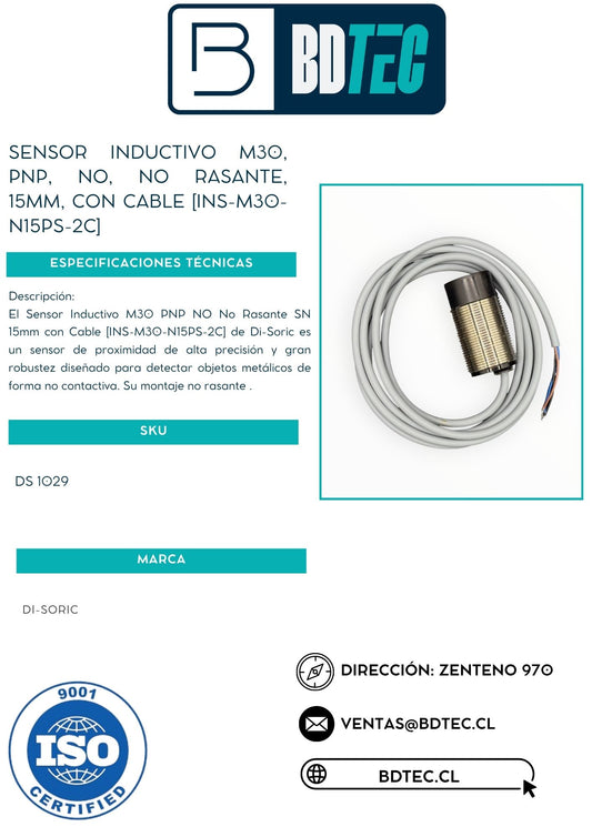 Sensor inductivo m30, pnp, no, no rasante, 15mm, con cable [INS-M30-N15PS-2C]