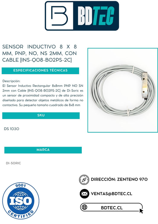 Sensor inductivo 8 x 8 mm, pnp, no, ns 2mm, con cable [INS-Q08-B02PS-2C]