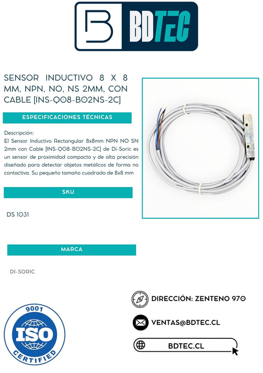 Sensor inductivo 8 x 8 mm, npn, no, ns 2mm, con cable [INS-Q08-B02NS-2C]