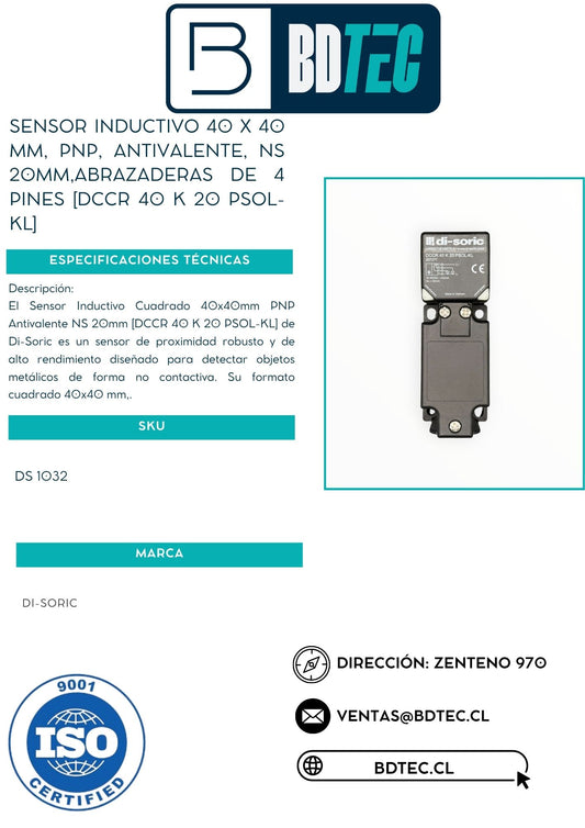 Sensor inductivo 40 x 40 mm, pnp, antivalente, ns 20mm,abrazaderas de 4 pines [DCCR 40 K 20 PSOL-KL]