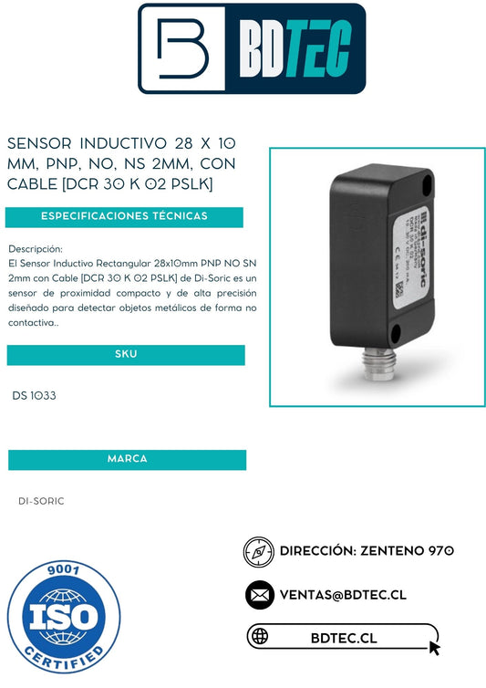 Sensor inductivo 28 x 10 mm, pnp, no, ns 2mm, con cable [DCR 30 K 02 PSLK]