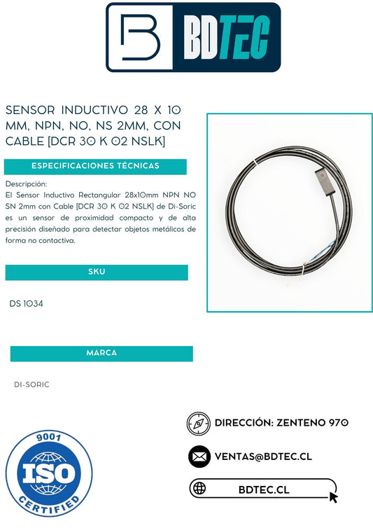 Sensor inductivo 28 x 10 mm, npn, no, ns 2mm, con cable [DCR 30 K 02 NSLK]