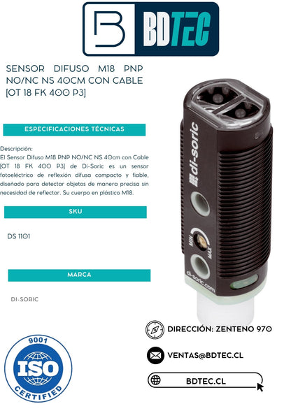 Sensor difuso m18, pnp, no/nc, ns 40 cm, con cable, cuerpo plastico [OT 18 FK 400 P3]