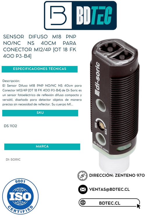 Sensor difuso m18, pnp, no/nc, ns 40 cm, para conector m12/4p, plastico [OT 18 FK 400 P3-B4]