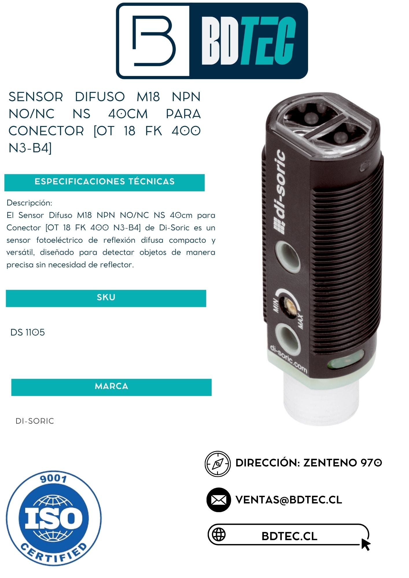 Sensor difuso m18, npn, no/nc, ns 40 cm,para conector,cuerpo plastico [OT 18 FK 400 N3-B4]