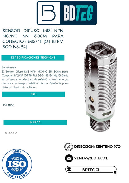 Sensor difuso m18, npn, no/nc,sn 80cm,para conector m12/4p, metalico [OT 18 FM 800 N3-B4]