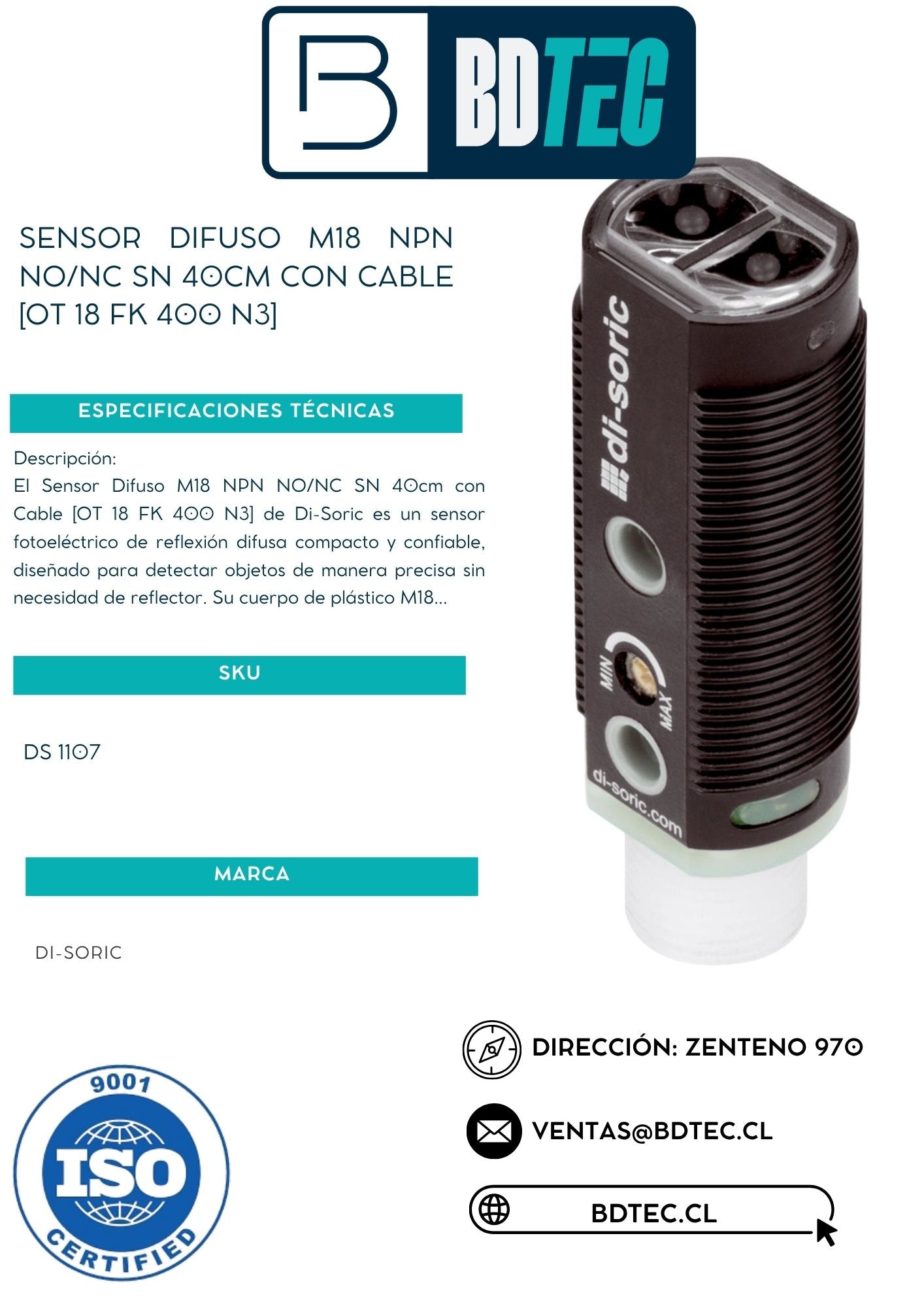 Sensor difuso m18, npn, no/nc,sn 40cm,con cable, cuerpo plastico [OT 18 FK 400 N3]