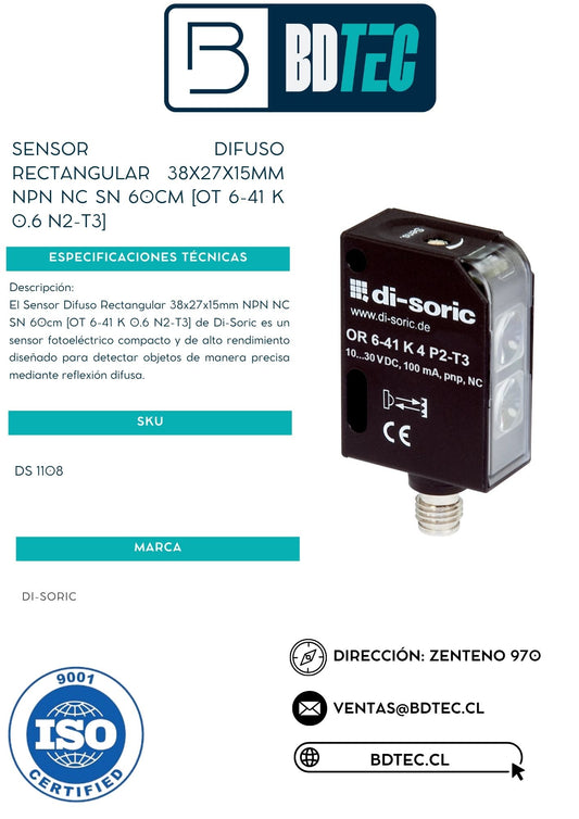 Sensor difuso 38x27x15mm, npn, nc,sn 60cm, para conector m8/3p [OT 6-41 K 0.6 N2-T3]