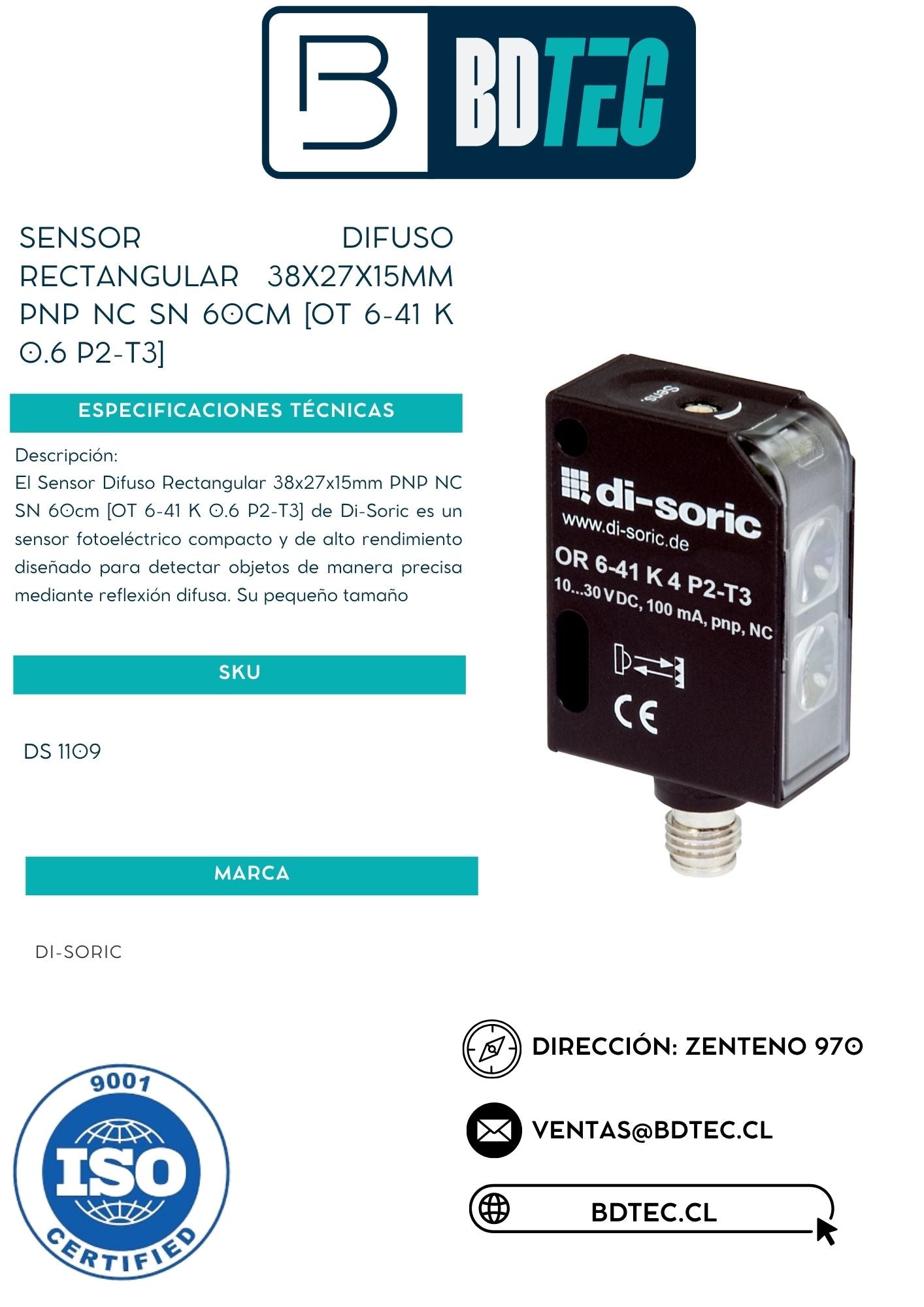Sensor difuso 38x27x15mm, pnp, nc,sn 60cm,para conector m8/3p [OT 6-41 K 0.6 P2-T3]