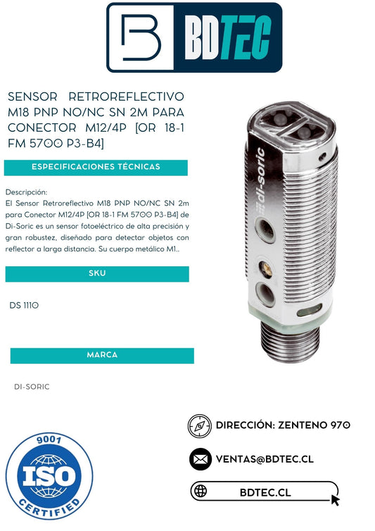 Sensor retroreflex m18, pnp, no/nc, sn 2m, para conector m12/4p, metalico [OR 18-1 FM 5700 P3-B4]