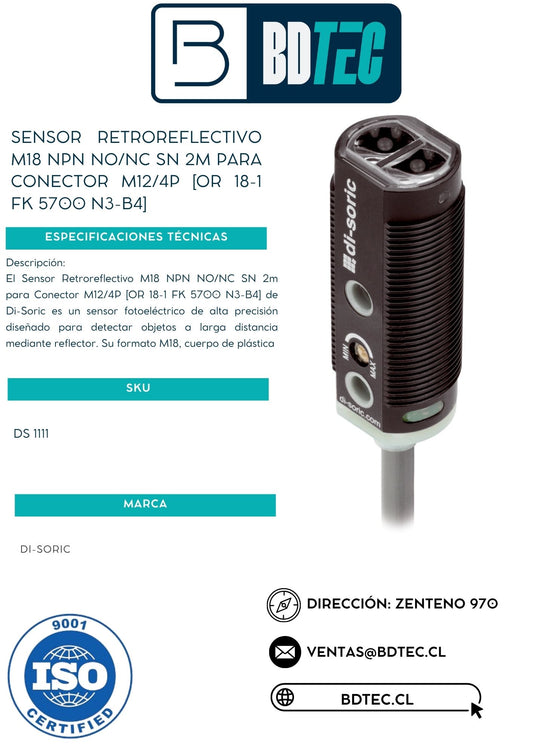Sensor retroreflex m18, npn, no/nc, sn 2m,para conector m12/4p, plastico [OR 18-1 FK 5700 N3-B4]