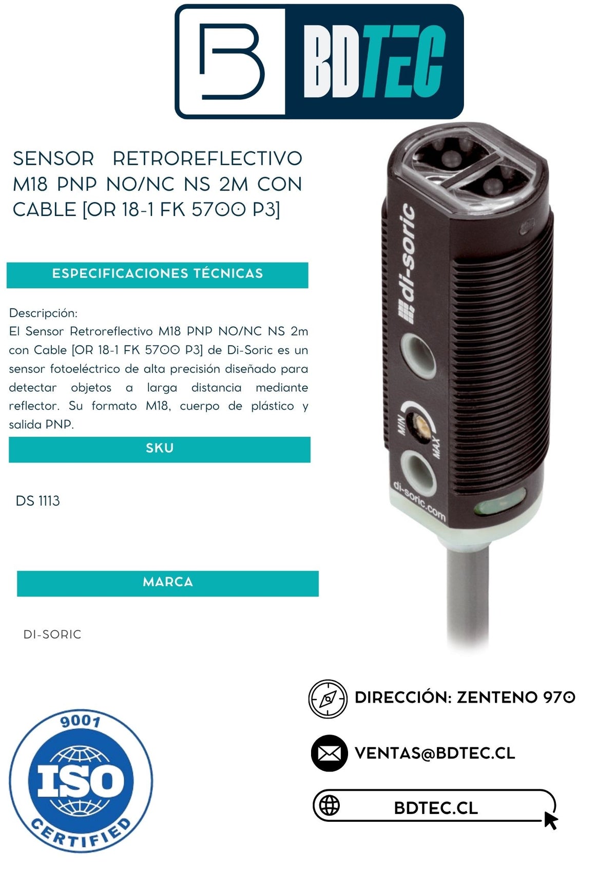 Sensor retrorreflex M18, PNP, NO/NC, ns 2 m, con cable