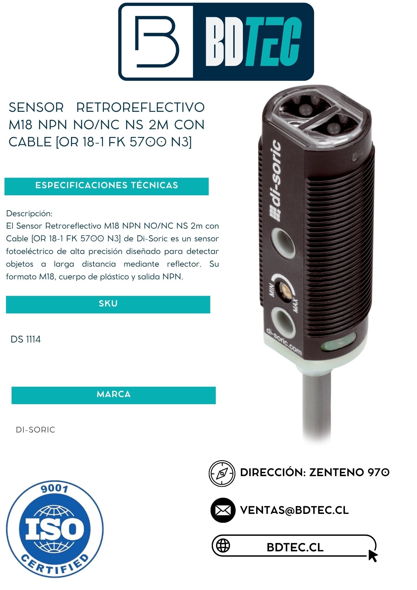 Sensor retrorreflex m18, npn, no/nc,ns 2m, con cable, cuerpo plastico [OR 18-1 FK 5700 N3]