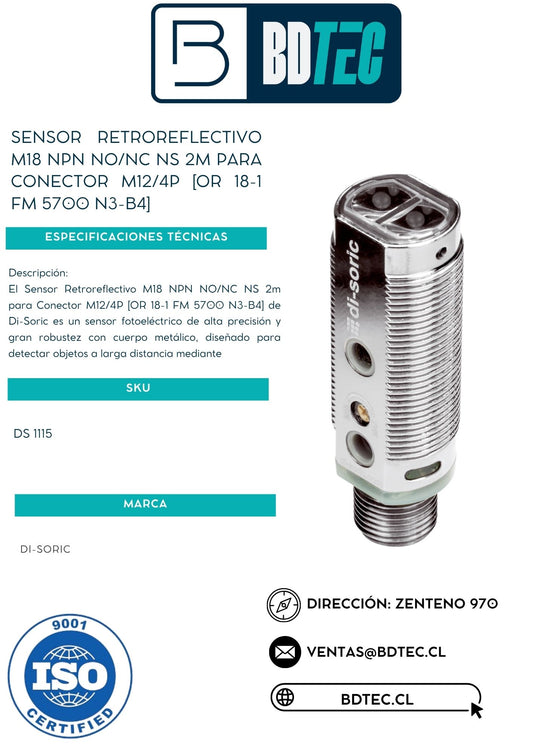 Sensor retrorreflex m18, npn, no/nc, ns 2m,para conector m12/4p, metalico [OR 18-1 FM 5700 N3-B4]