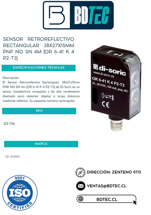 Sensor retrorreflex 38 x 27 x 15 mm, pnp, no,ns 4m,para conector m8/3p [OR 6-41 K 4 P2-T3]