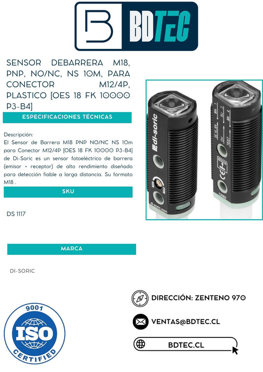 Sensor debarrera m18, pnp, no/nc, ns 10m, para conector m12/4p, plastico [OES 18 FK 10000 P3-B4]