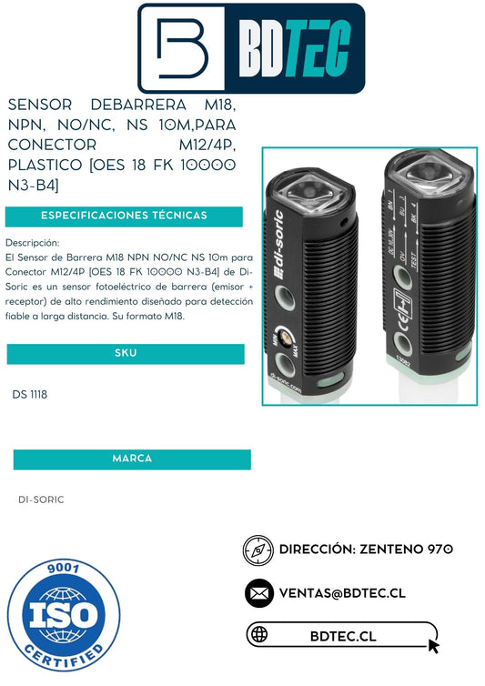 Sensor debarrera m18, npn, no/nc, ns 10m,para conector m12/4p, plastico [OES 18 FK 10000 N3-B4]