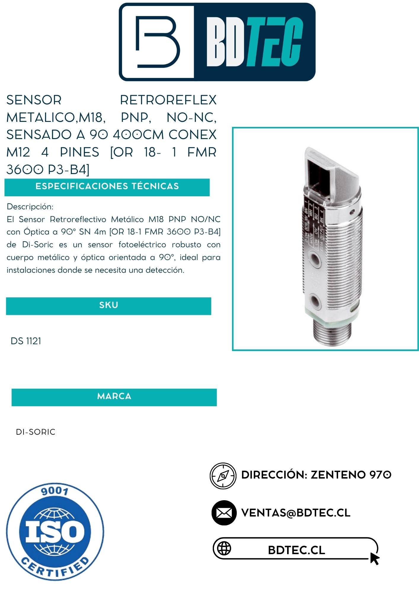 Sensor retroreflex metalico,m18, pnp, no-nc, sensado a 90 400cm conex m12 4 pines [OR 18- 1 FMR 3600 P3-B4]