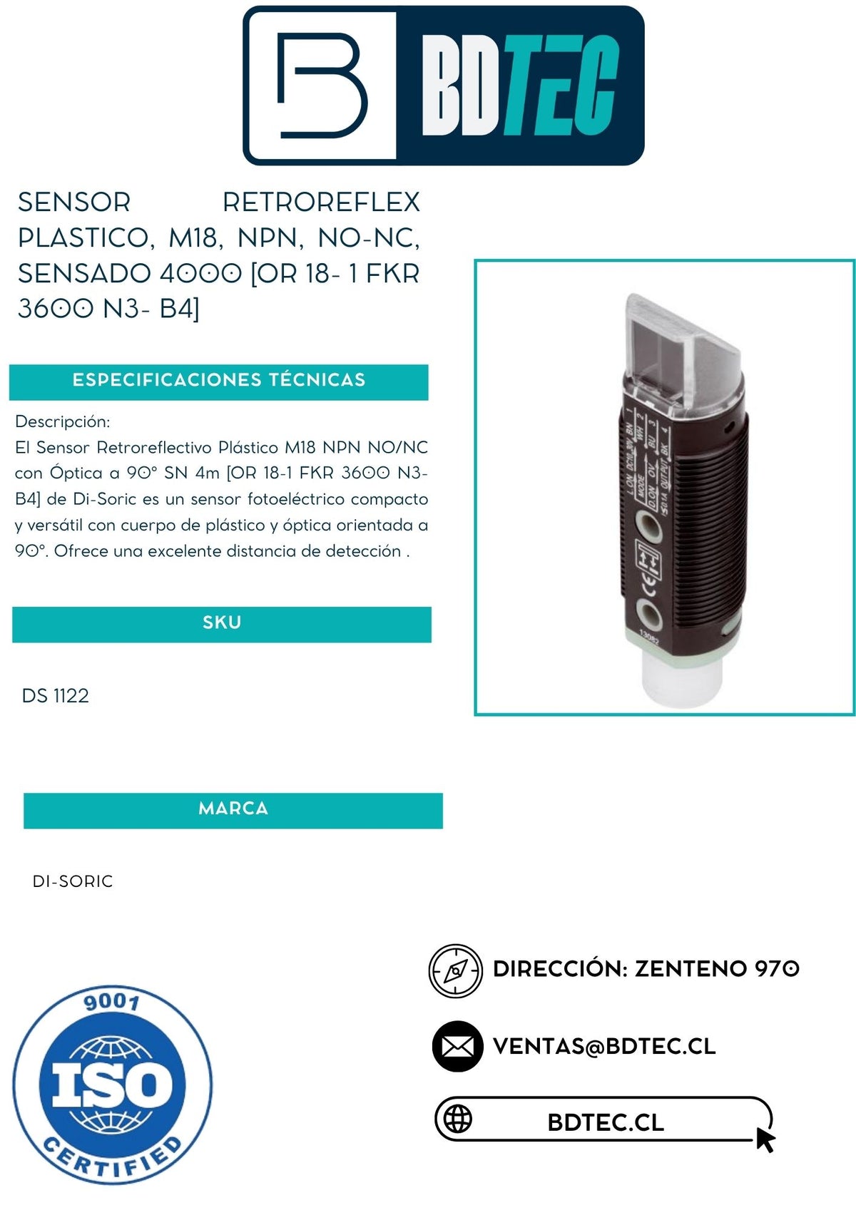 Sensor retrorreflex plástico M18, emisión lateral, NPN, NO/NC, sn 1,8 m, conector M12/4P DI-SORIC OR 18- 1 FKR 3600 N3- B4 - vista 2