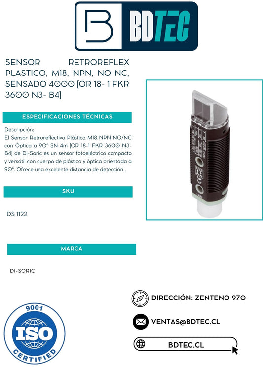 Sensor retroreflex plastico, m18, npn, no-nc, sensado 4000 [OR 18- 1 FKR 3600 N3- B4]